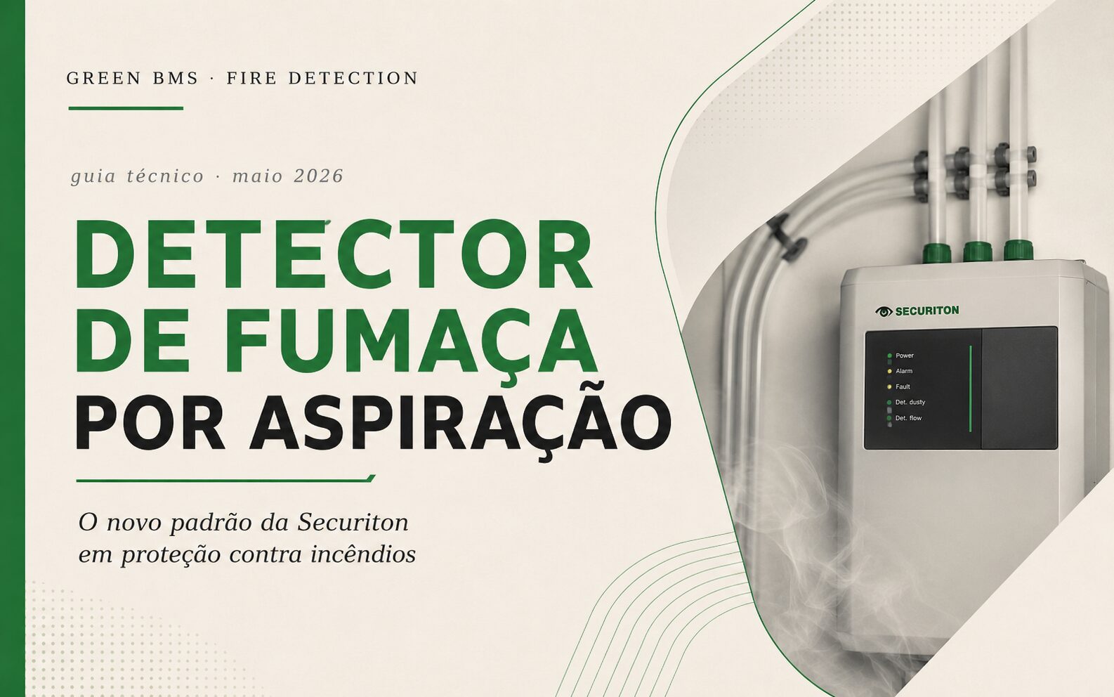 Capa do artigo Green BMS sobre o detector de fumaça por aspiração SecuriSmoke ASD 2000 da Securiton, destacando sensibilidade de 0,001%/m, ruído de 21 dB(A), rede de tubulação de 700 m e os modelos ASD 2001, 2002 e 2004