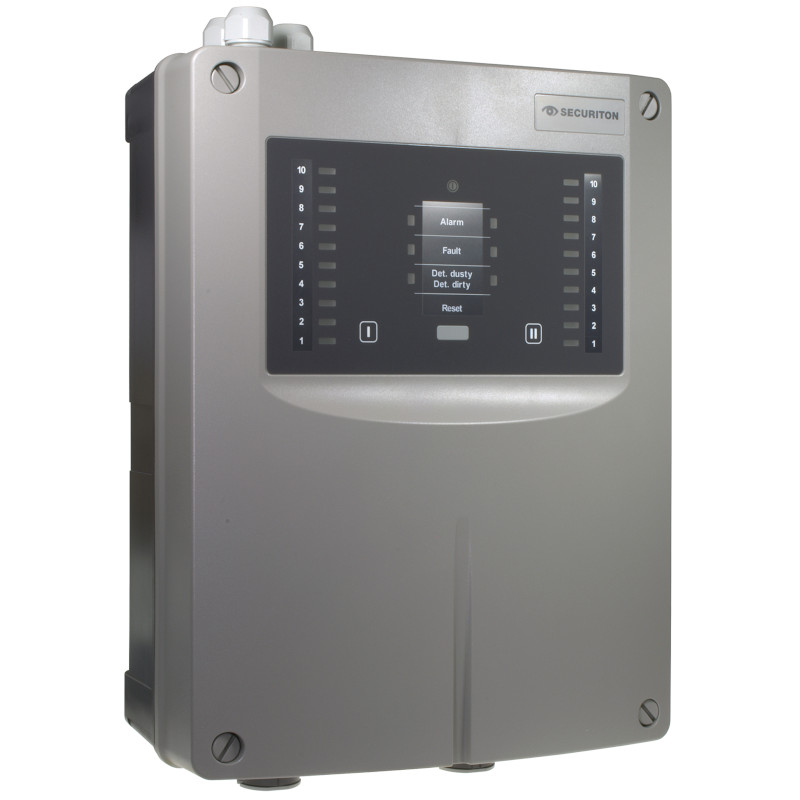 Capa do artigo Blue BMS sobre o detector de fumaça por aspiração SecuriSmoke ASD 2000 da Securiton, destacando sensibilidade de 0,001%/m, ruído de 21 dB(A), rede de tubulação de 700 m e os modelos ASD 2001, 2002 e 2004