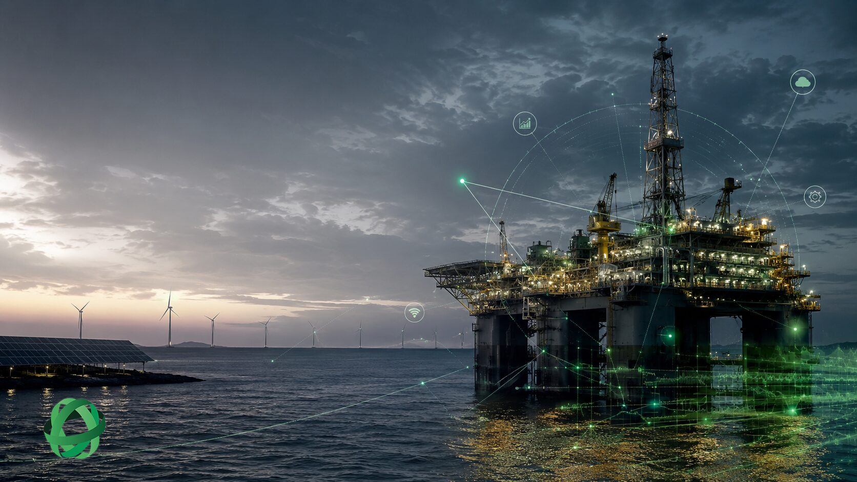 transição energética Oil & Gas - plataforma offshore com energia solar e eólica ao fundo